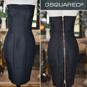 DSQUARED2 Black Cotton & Silk Strapless Square Top Wiggle Dress, Szs 38/2 & 40/4